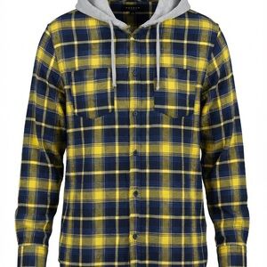 PacSun Gray Hooded Yellow and Blue Plaid Shirt
